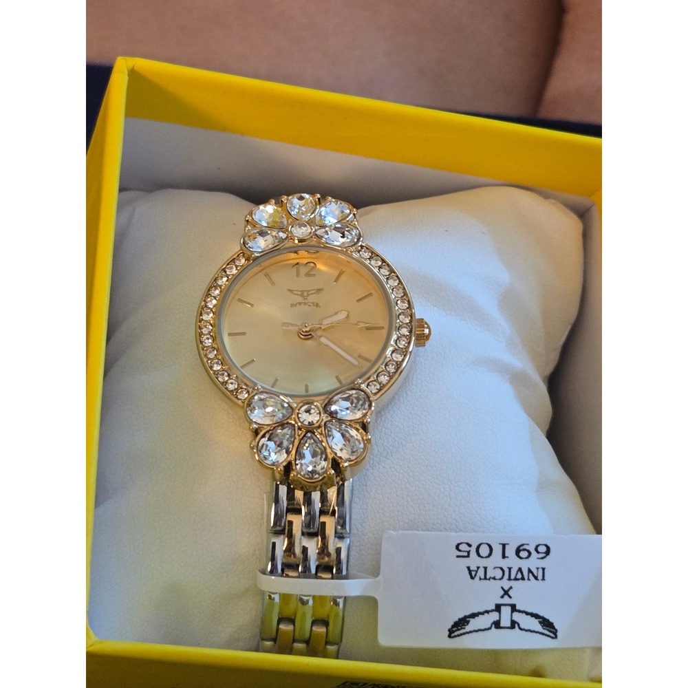 Invicta Angel 69105 Womens Two Tone Crystal Floral Gold Dial Watch New